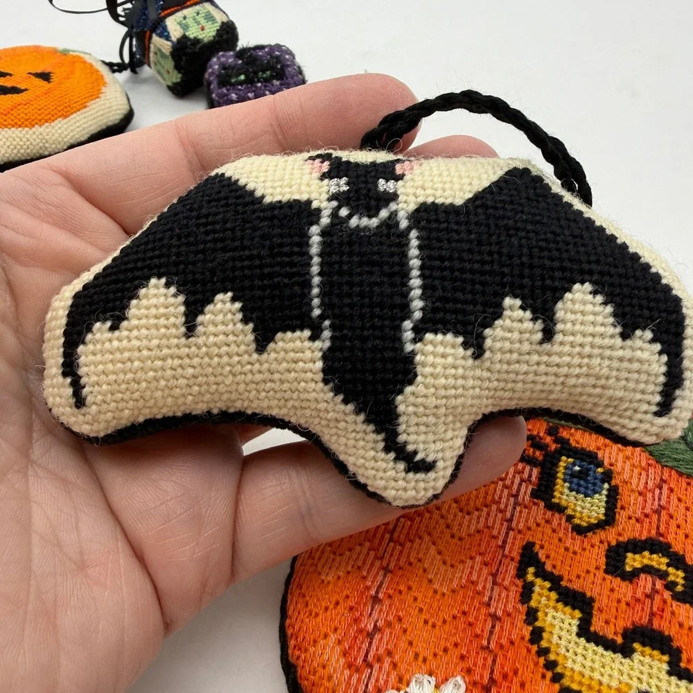 Halloween Needlepoint Ornament Set Witch Pumpkin Bat Ghost 6pc Decor
